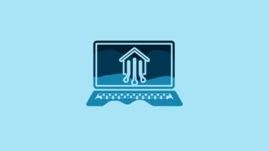 Blue Laptop with smart home icon isolated on blue background. Remote control. 4K Video motion graphic animation.