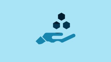 Blue Honeycomb and hand icon isolated on blue background. Honey cells symbol. Sweet natural food. 4K Video motion graphic animation.