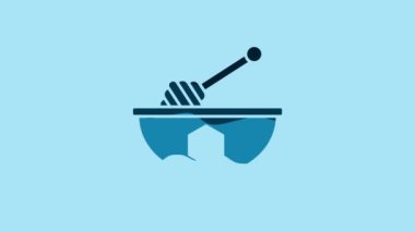 Blue Honey dipper stick and bowl icon isolated on blue background. Honey ladle. 4K Video motion graphic animation.