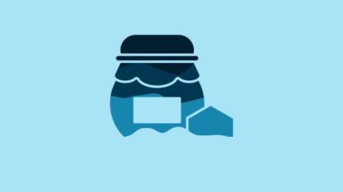 Blue Jar of honey icon isolated on blue background. Food bank. Sweet natural food symbol. 4K Video motion graphic animation.