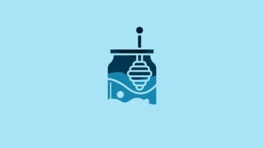 Blue Jar of honey and honey dipper stick icon isolated on blue background. Food bank. Sweet natural food symbol. Honey ladle. 4K Video motion graphic animation.
