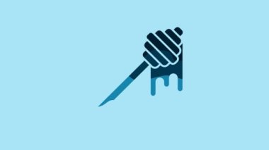 Blue Honey dipper stick with dripping honey icon isolated on blue background. Honey ladle. 4K Video motion graphic animation.