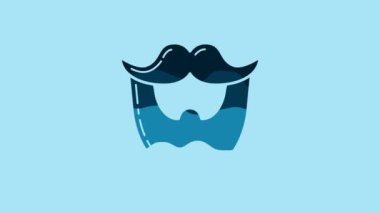 Blue Mustache and beard icon isolated on blue background. Barbershop symbol. Facial hair style. 4K Video motion graphic animation.