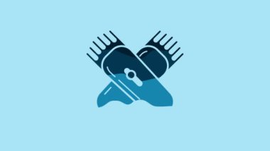Blue Crossed electrical hair clipper or shaver icon isolated on blue background. Barbershop symbol. 4K Video motion graphic animation.