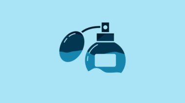 Blue Aftershave icon isolated on blue background. Cologne spray icon. Male perfume bottle. 4K Video motion graphic animation.