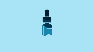 Blue Glass bottle with a pipette. Vial with a pipette inside icon isolated on blue background. Container for medical and cosmetic product. 4K Video motion graphic animation.