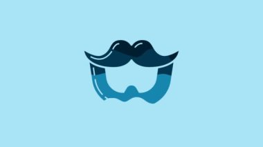 Blue Mustache and beard icon isolated on blue background. Barbershop symbol. Facial hair style. 4K Video motion graphic animation.