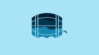 Blue Wooden barrel on rack with stopcock icon isolated on blue background. 4K Video motion graphic animation.