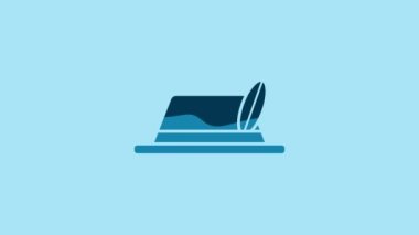 Blue Oktoberfest hat icon isolated on blue background. Hunter hat with feather. German hat. 4K Video motion graphic animation.
