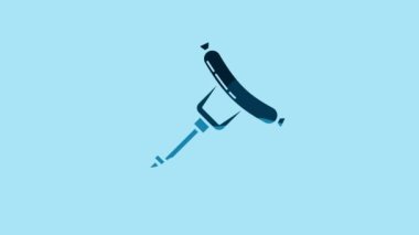 Blue Sausage on the fork icon isolated on blue background. Grilled sausage and aroma sign. 4K Video motion graphic animation.