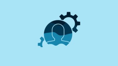 Blue Human with gear inside icon isolated on blue background. Artificial intelligence. Thinking brain sign. Symbol work of brain. 4K Video motion graphic animation.