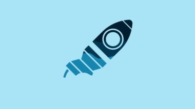 Blue Rocket ship with fire icon isolated on blue background. Space travel. 4K Video motion graphic animation.