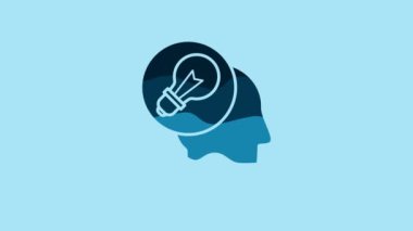 Blue Human head with lamp bulb icon isolated on blue background. 4K Video motion graphic animation.