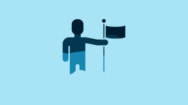 Blue Man holding flag icon isolated on blue background. 4K Video motion graphic animation.