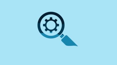 Blue Magnifying glass and gear icon isolated on blue background. Search gear tool. Business analysis symbol. 4K Video motion graphic animation.