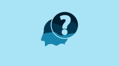 Blue Human head with question mark icon isolated on blue background. 4K Video motion graphic animation.