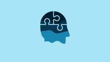 Blue Human head puzzles strategy icon isolated on blue background. Thinking brain sign. Symbol work of brain. 4K Video motion graphic animation.