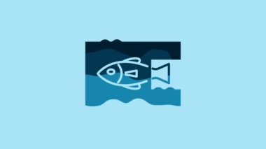 Blue Stop ocean plastic pollution icon isolated on blue background. Environment protection concept. Fish say no to plastic. 4K Video motion graphic animation.