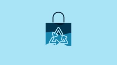 Blue Plastic bag with recycle icon isolated on blue background. Bag with recycling symbol. 4K Video motion graphic animation.