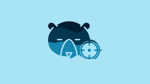 青の背景に隔離された十字アイコンを持つクマにブルーハント クマとターゲットと狩猟クラブのロゴ クマを狙うライフルレンズ 4Kビデオモーショングラフィックアニメーション — ストック動画