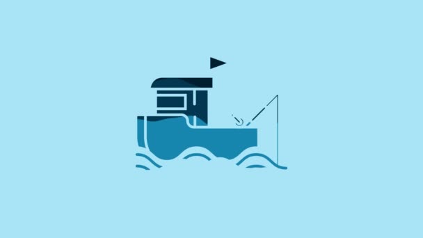 Blue Fishing Boat Fishing Rod Water Icon Isolated Blue Background — стоковое видео