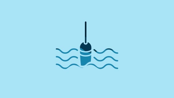 青い釣りは青い背景に隔離された水のアイコンに浮かぶ 釣りに取り組む 4Kビデオモーショングラフィックアニメーション — ストック動画