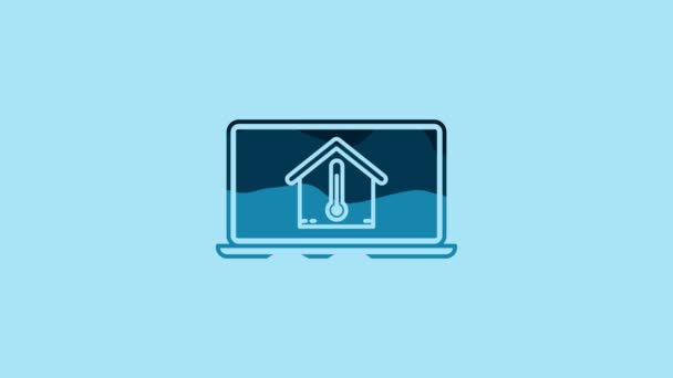 青の背景に隔離された家の温度アイコンとブルーノートパソコン 温度計のアイコン 4Kビデオモーショングラフィックアニメーション — ストック動画