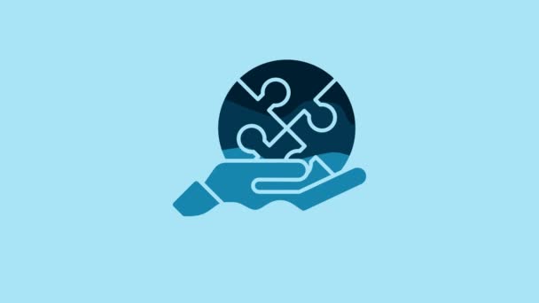 Blue Piece Puzzle Hand Icon Isolated Blue Background Business Marketing — Wideo stockowe