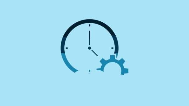 蓝色背景下孤立的蓝色时间管理图标 时钟和齿轮的标志 生产力的象征 4K视频运动图形动画 — 图库视频影像