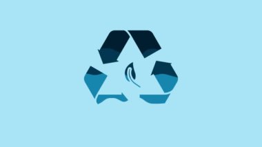 Blue Recycle symbol and leaf icon isolated on blue background. Environment recyclable go green. 4K Video motion graphic animation.