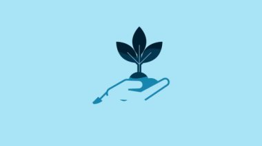 Blue Plant in hand of environmental protection icon isolated on blue background. Seed and seedling. Planting sapling. Ecology concept. 4K Video motion graphic animation.