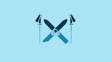 Blue Ski and sticks icon isolated on blue background. Extreme sport. Skiing equipment. Winter sports icon. 4K Video motion graphic animation.