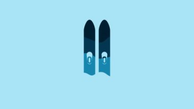 Blue Ski and sticks icon isolated on blue background. Extreme sport. Skiing equipment. Winter sports icon. 4K Video motion graphic animation.