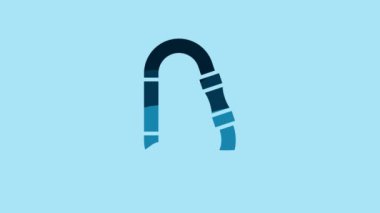 Blue Carabiner icon isolated on blue background. Extreme sport. Sport equipment. 4K Video motion graphic animation.