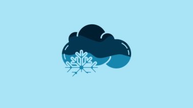 Blue Cloud with snow icon isolated on blue background. Cloud with snowflakes. Single weather icon. Snowing sign. 4K Video motion graphic animation.