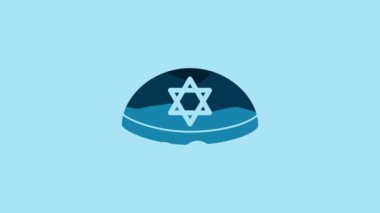 Blue Jewish kippah with star of david icon isolated on blue background. Jewish yarmulke hat. 4K Video motion graphic animation.