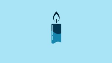 Blue Burning candle in candlestick icon isolated on blue background. Old fashioned lit candle. Cylindrical candle stick with burning flame. 4K Video motion graphic animation.