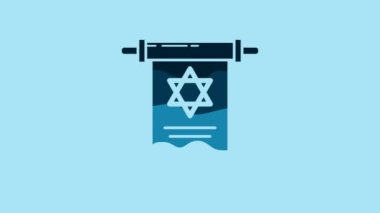 Blue Torah scroll icon isolated on blue background. Jewish Torah in expanded form. Star of David symbol. Old parchment scroll. 4K Video motion graphic animation.