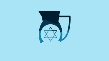 Blue Decanter with star of david icon isolated on blue background. Pottery jug. Organic product in carafe. 4K Video motion graphic animation.