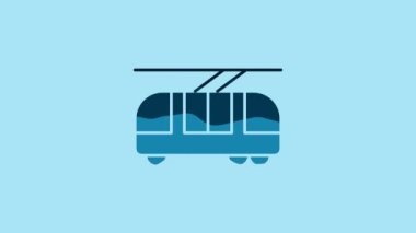 Blue Tram and railway icon isolated on blue background. Public transportation symbol. 4K Video motion graphic animation.