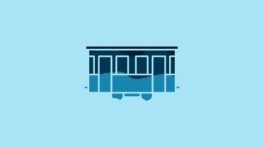 Blue Old city tram icon isolated on blue background. Public transportation symbol. 4K Video motion graphic animation.