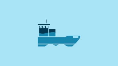 Blue Cargo ship icon isolated on blue background. 4K Video motion graphic animation.