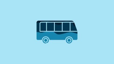 Blue Bus icon isolated on blue background. Transportation concept. Bus tour transport sign. Tourism or public vehicle symbol. 4K Video motion graphic animation.