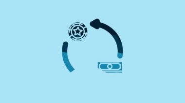 Blue Casino chips exchange on stacks of dollars icon isolated on blue background. 4K Video motion graphic animation.