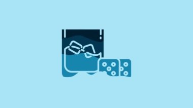 Blue Game dice and glass of whiskey with ice cubes icon isolated on blue background. Casino gambling. 4K Video motion graphic animation.