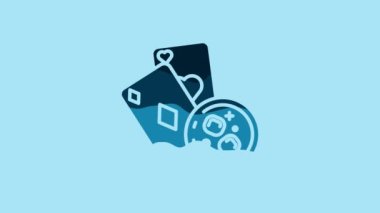 Blue Playing cards and glass of whiskey with ice cubes icon isolated on blue background. Casino gambling. 4K Video motion graphic animation.