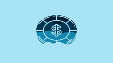Blue Casino chip with dollar symbol icon isolated on blue background. Casino gambling. 4K Video motion graphic animation.