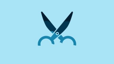 Blue Scissors icon isolated on blue background. Cutting tool sign. 4K Video motion graphic animation.