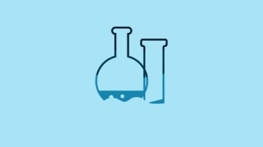 Blue Test tube and flask - chemical laboratory test icon isolated on blue background. Laboratory glassware sign. 4K Video motion graphic animation.