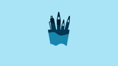 Blue Pencil case stationery icon isolated on blue background. Pencil, pen, ruler in a glass for office. 4K Video motion graphic animation.